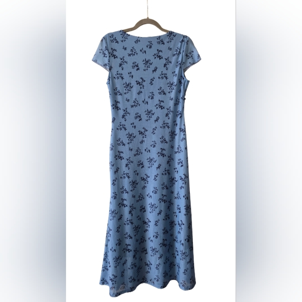 Blue Floral Mesh Dress Midi Length - Size Large - Picture 3 of 5